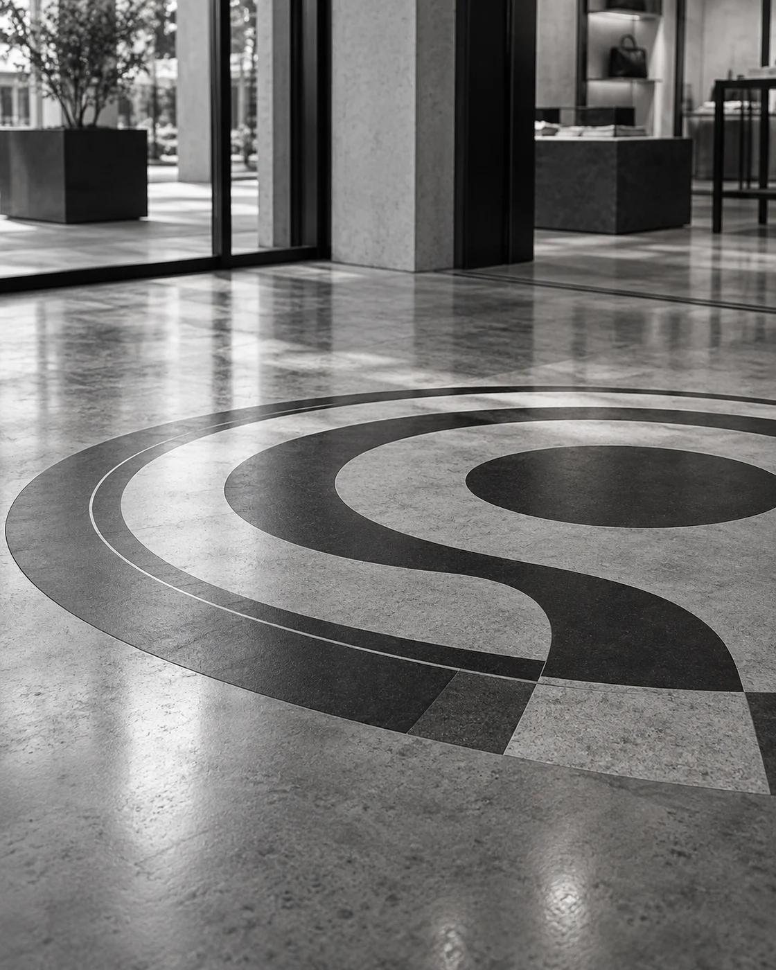 Illustrative finished circular vinyl floor graphic in a retail space